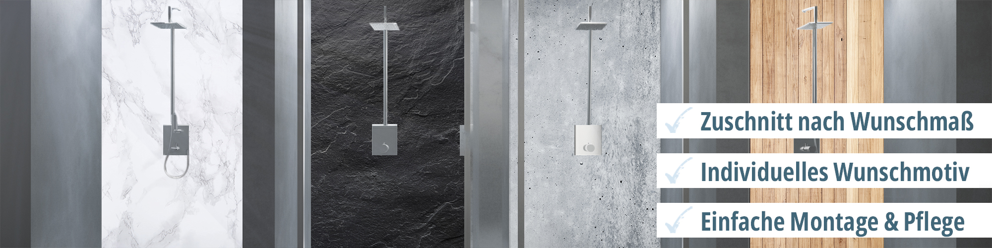 Verschiedene Duschpaneele mit individuellen Motiven und einfacher Montage